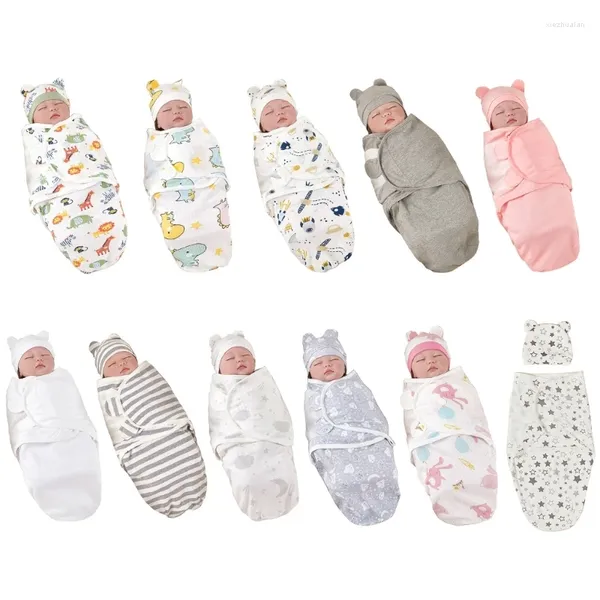 Couvertures Born Swaddles Couverture Infant Baby Wrap Tissu avec chapeau assorti Unisexe Cadeau de douche Sac de couchage en coton respirant