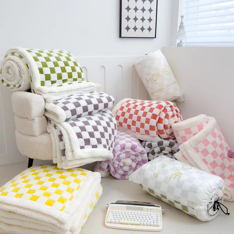 Cobertores xadrez xadrez cordeiro cobertor macio grosso fofo quente nap dupla face veludo sofá capa cama colcha