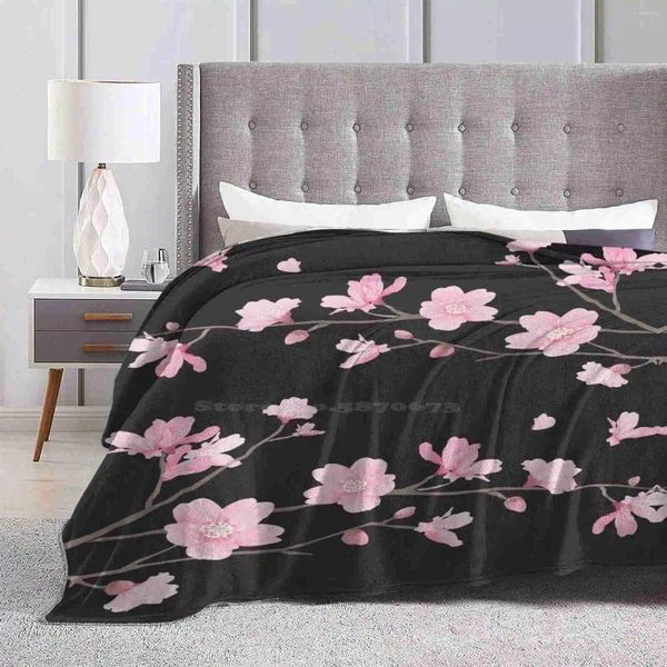 Couvertures Fleur de cerisier Fleur Plante-Noir Vente personnalisée Impression Flanelle Couverture douce Arbre Japonais