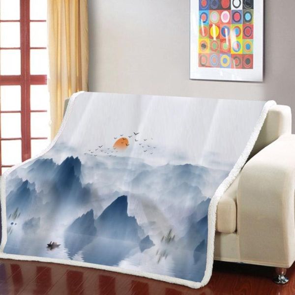 Couvertures Style chinois Sherpa polaire couverture paysage peinture couvre-lit doux chaud hiver en peluche couvre-lit pour enfant adultes