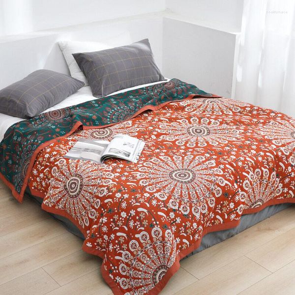 Couvertures de canapé en mousseline de coton, 6 couches, printemps/automne/été/hiver, couverture de lit en gaze, fleur de Mandala, douce, multifonction
