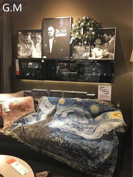 Mantas Algodón Van Gogh Noche estrellada Manta Pintura al óleo Impreso Sofá Cama Alfombra decorativa Tejer Tapiz engrosado Manta de picnic T230710