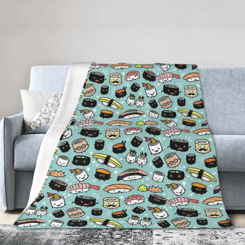 Blankets Cute Sushi Pattern Kawaii Characters Blanket Soft Warm Flannel Throw Bedding For Bed Picnic Travel Home Couch