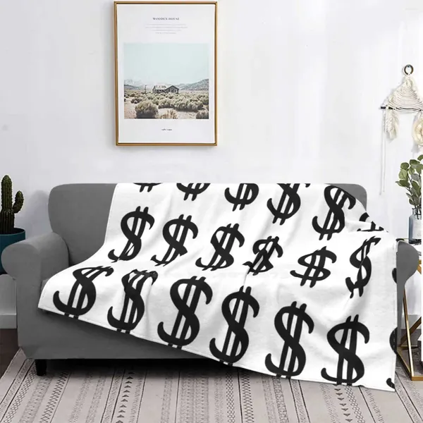 Couvertures à motif de signe de dollar - Symbole USD Illustration en noir et blanc Design créatif Couverture légère et fine en flanelle douce
