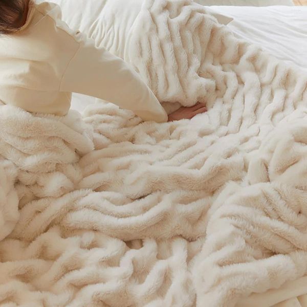 Couvertures en fausse fourrure, couverture douce et froncée pour canapé, luxueuse, confortable et chaude, en peluche, épaisse et moelleuse