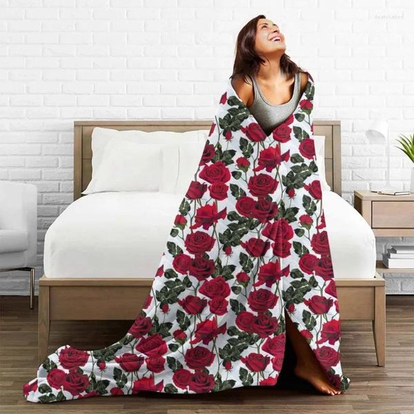 Mantas Flor Rosa Decoración de lana Portátil Manta de tiro ultra suave para cama Dormitorio Colcha