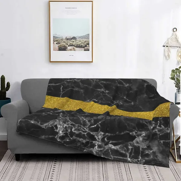 MANUNTAS FRISIÓN DE ORO EN NEGRO Mármol Impresión High Qialy Flannel Blanket Venas de mármol Veining Geo Golden Shine