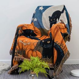 Dekens Halloween Black Cat Geknakte deken voor bedden Sofa handdoek Volledig Cover Herfst Picknick Mat Throw Tapestry Tassel 221203