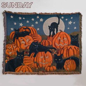 Couvertures Halloween citrouille nuit chat tricoté couverture vacances décoration automne Thanksgiving cadeau pique-nique couverture gland canapé couverture couvertures HKD230922