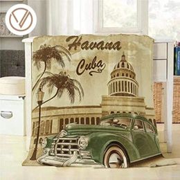 Dekens Havana cuba gooien deken retro poster met vintage oude groene auto decoratieve zachte warme, gezellige flanel pluche worpen