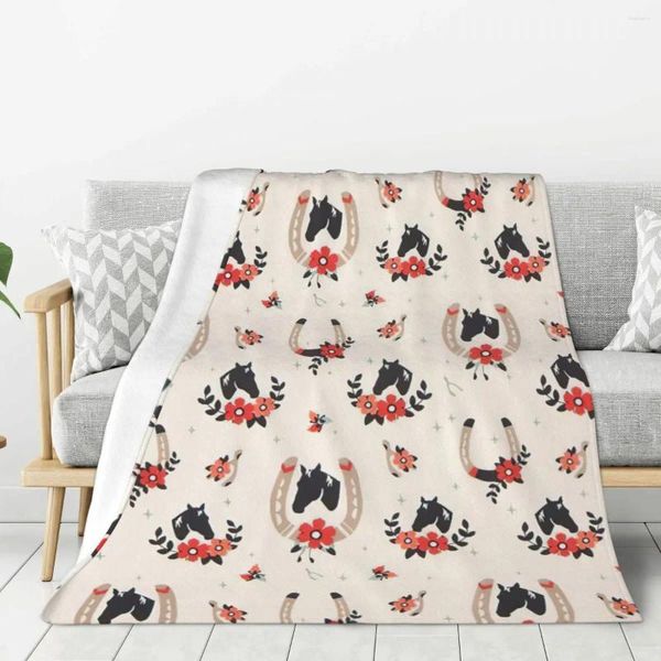 Couvertures cheval fleur couverture noire chaude légère douce en peluche pour chambre canapé canapé camping