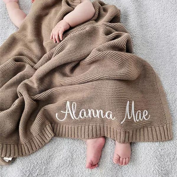 Couvertures tricotées pour bébé, nom personnalisé, cadeau de naissance, doux et respirant, brodé en coton pour enfants