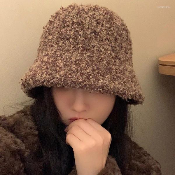 Couvertures Version coréenne Niche Couleur Mélange Simple Peluche Bassin Thermique Chapeau Femmes Automne Et Hiver Dôme Épaissi Kpop Seau Chapeaux Couverture