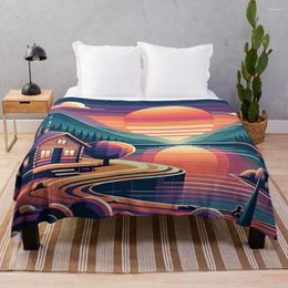 Couvertures Lakeside Sunset Haven - Illustration de paysage vibrant - Couverture en flanelle pour la sieste