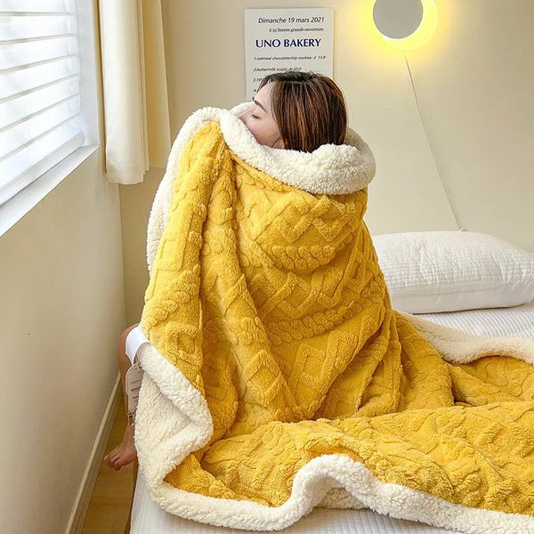 Couvertures Couverture d'hiver épaisse en laine d'agneau Double face en microfibre flanelle pour lit confortable super doux et chaud 231213