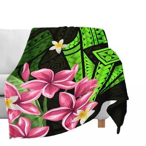 Couvertures du design de luxe Chic Shaggy Throwet Couverture verte Polynésien Tribal Soft Pluxed Pread Plumeria Plumeria Print Fleece