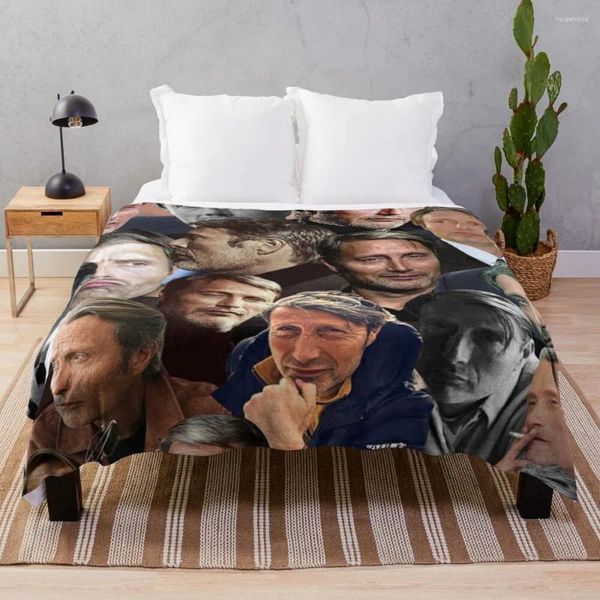 Mantas Mads Mikkelsen Po Collage Manta Regalo personalizado Sofá gigante Picnic Miércoles