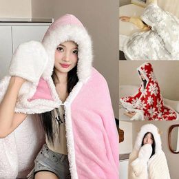 Couvertures Joyeux Noël Noël 3D Flocons de neige Cape Cape à capuche Chapeau portable épais flanelle 2024 Gant d'hiver avec couverture cadeau à capuche D9H9