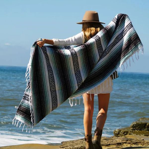 Dekens Mexicaanse sjaaldeken oversized 55 * 70 inch katoen geweven rand picknickmat zomer yogamat zwemmen reisdeken 231212