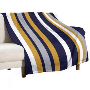 Dekens Modern gestreept verticaal patroon in honingmosterdgeel, donker marineblauw, grijs en wit.Minimalistische deken met kleurblokken