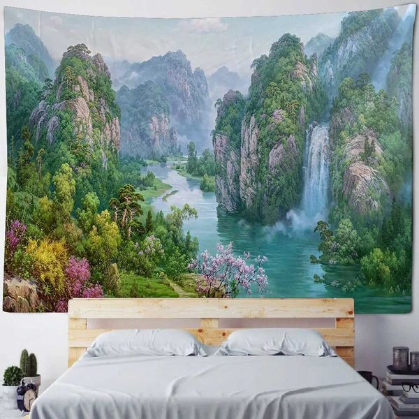 Mantas para paisaje natural tapiz estampado retro pintura al óleo arte pared colgante decoración de la pared del hogar