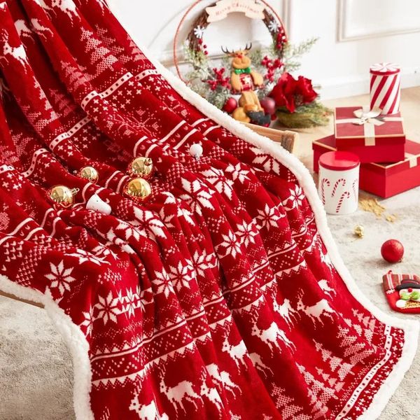 Coperte Navidad Renna di Natale Coperta da tiro Doppio strato Addensare Soffice morbido pile Flanella Babbo Natale Pupazzo di neve Decorazioni per la casa 231130