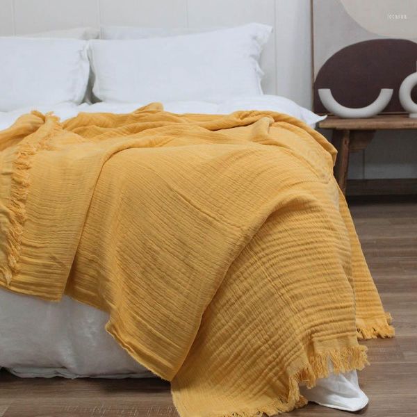 Mantas nórdicas sólidas de tres capas de algodón, manta con borlas, finas y cómodas, para sofá cama, aire acondicionado, chal para siesta Ins