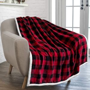 Couvertures Plaid Sherpa Blanket Throw Red Black Checkered Flannel Fleece Blanket pour Couch Bed Fluffy Warm Soft Christmas Plush Microfiber 230320