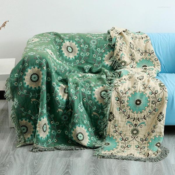 Mantas de muselina de árbol de flujo de algodón puro, manta de verano, funda de sofá cama de gasa, borla elegante, manta transpirable de viaje multifunción