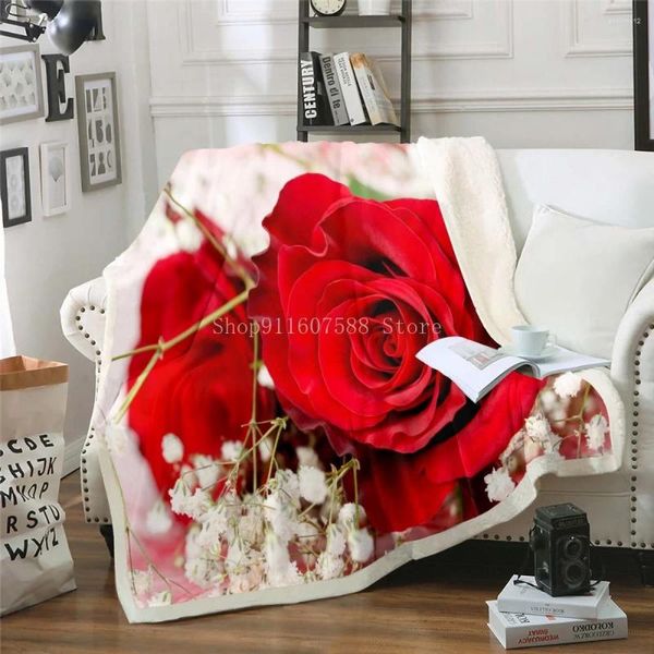 Couvertures rouges fleurs de rose rouge numérique imprimé couverture en peluche 3d canapé adulte chambre sherpa velours litspread sac