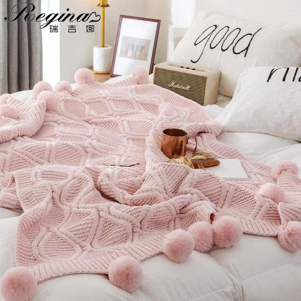 Couvertures REGINA Chenille Plaid Plaid Couverture Rose Ivoire Gris Pompon Tricoté Cadeau Couvre-lit Super Doux Lit Canapé Cosy Chunky Knit