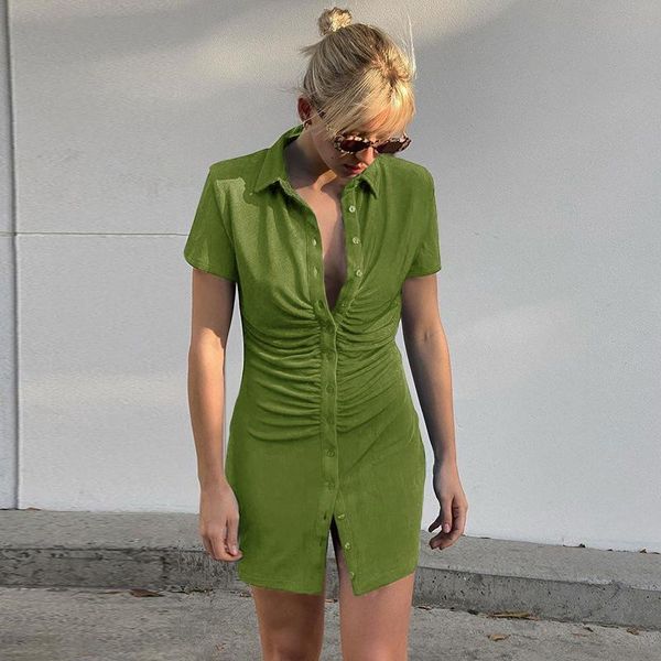 Couvertures Sexy Mini robe mince femmes vert Club fête col rabattu bouton couverture Dresse femme élégant Streetwear chemise Vestido