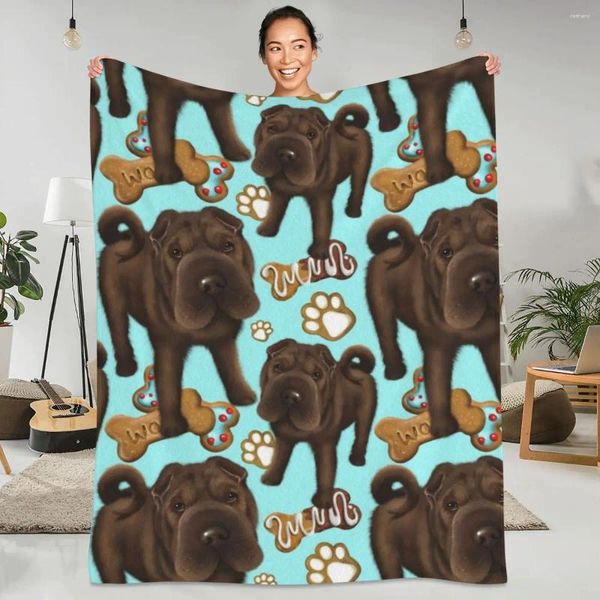 Mantas Shar Pei galletas azules franela calidad suave duradero divertido perro manta invierno camping cama estética colcha