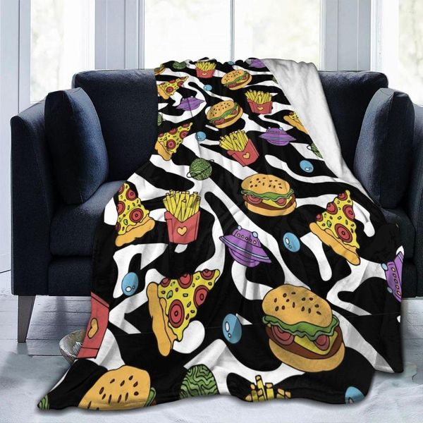 Mantas Manta de franela suave Linda Pizza Hamburguesa Papas fritas En 80s 90s Estampado de cebra Viaje Portátil Invierno Tiro Cama delgada Sofá