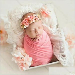 Dekens Inbakeren Baby ontvangt geboren Pography Props Stretch Knit Hollow Wraps Hangmat Po Achtergrond Elastische stof Effen kleur Drop Del Otuql