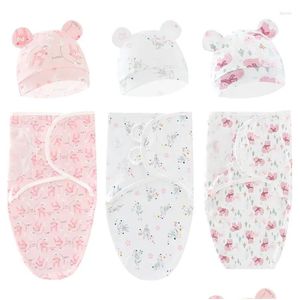 Couvertures Swaddling Baby Slee Sacs Enveloppe Wrap pour bébé avec chapeau Coton 3pcs Couverture Ddling 0-6M Cartoon Born Sleepsack Drop Livraison K Dhqhl