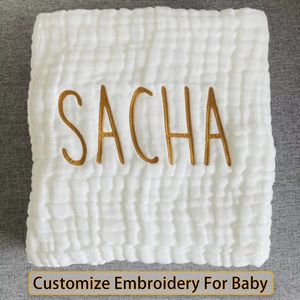 Couvertures d'emmaillotage personnalisées avec nom de bébé, 6 couches, serviette de bain pour bébé, literie en coton, mousseline biologique, couette d'emmaillotage, 230331
