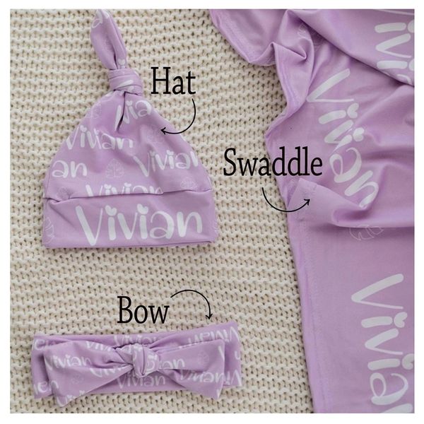 Couvertures Swaddling LVYZIHO Nom personnalisé Jersey Swaddle Set Baby Hat Bow Choisissez les couleurs et la police 230727