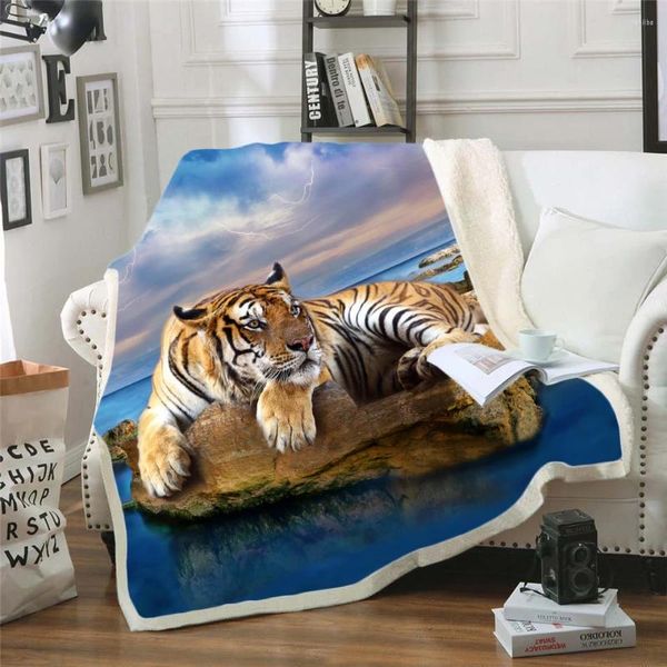 Mantas Tigre/Lion 3D Bedding Outlet Manta de buena calidad Sherpa Plush Velvet Hoja tibia Cartoon Oficina NAP estilo -001
