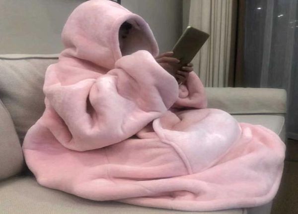 Couvertures Pull chaud épais à capuche unisexe poche géante adulte et enfants couverture polaire pour lits voyage maison pyjamas pulls 2pc9203631