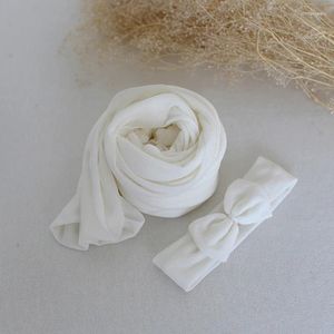 Dekens Witte Baby Pography Wrap Girl Bow Neutraal Gebreide Stretch En Hoofdband Set Bron Layer Stof Baby Swaddle Deken