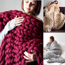Mantas WOSTAR Moda gruesa manta de lana merino gruesa hilado grande itinerante de punto invierno cálido tiro s sofá cama 230221