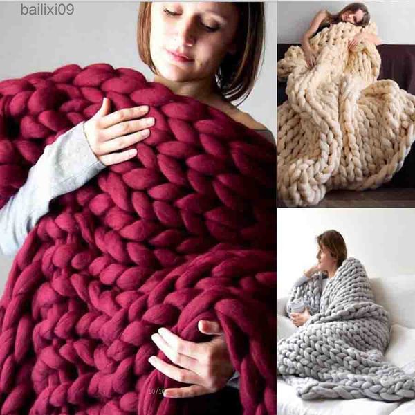 Mantas WOSTAR Moda gruesa manta de lana merino gruesa hilado grande itinerante manta de punto invierno cálido mantas sofá cama manta T230710