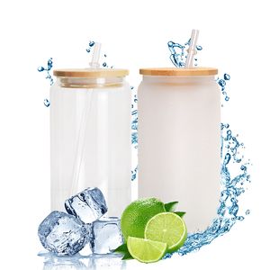 Blanks 16 oz en verre peuvent être gros du jus clair bouteille d'eau avec bambou couvercle en plastique paille diy tasse de lait sublimation pour cadeau