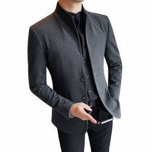 Blazer Hombre Hoge kwaliteit nieuwe opstaande kraag blazers voor mannen enkele rij knopen slim fit formeel elegant pak jassen 4XL-M a2XE#