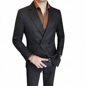 Blazer Hombre coréen vêtements de luxe Fi Double boutonnage hommes Blazer vestes Busin vêtements de cérémonie coupe ajustée costume décontracté manteau 40R2 #