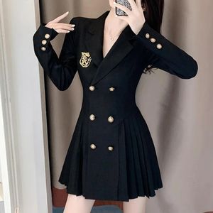 Blazer Mujer printemps automne Style Preppy costume robe noir femmes veste taille mince plis manteau S2XL 240305