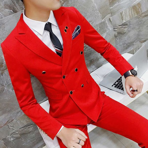 Blazer + Pant / 2020 Royal Men's Suit Groom Tuxedo Slim Fit 2-Pack Moda de doble botonadura Pure Color Classic Men's Suit Hommes X0909