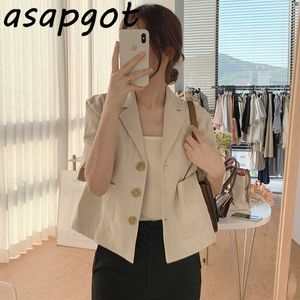 Blazer Suits Chic Vintage Slanke temperament Single-Breasted Short Mouwen Katoen en Linnen Blazers Jas Korte Zomer Dun 210610