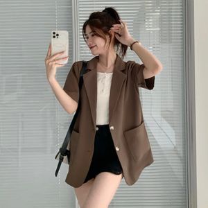 Blazer Women Korean Chic Summer Summer Short Sleeve Pak Jacket Pockets Office Ladies Black Femenino Clothing Thin Tops 240417